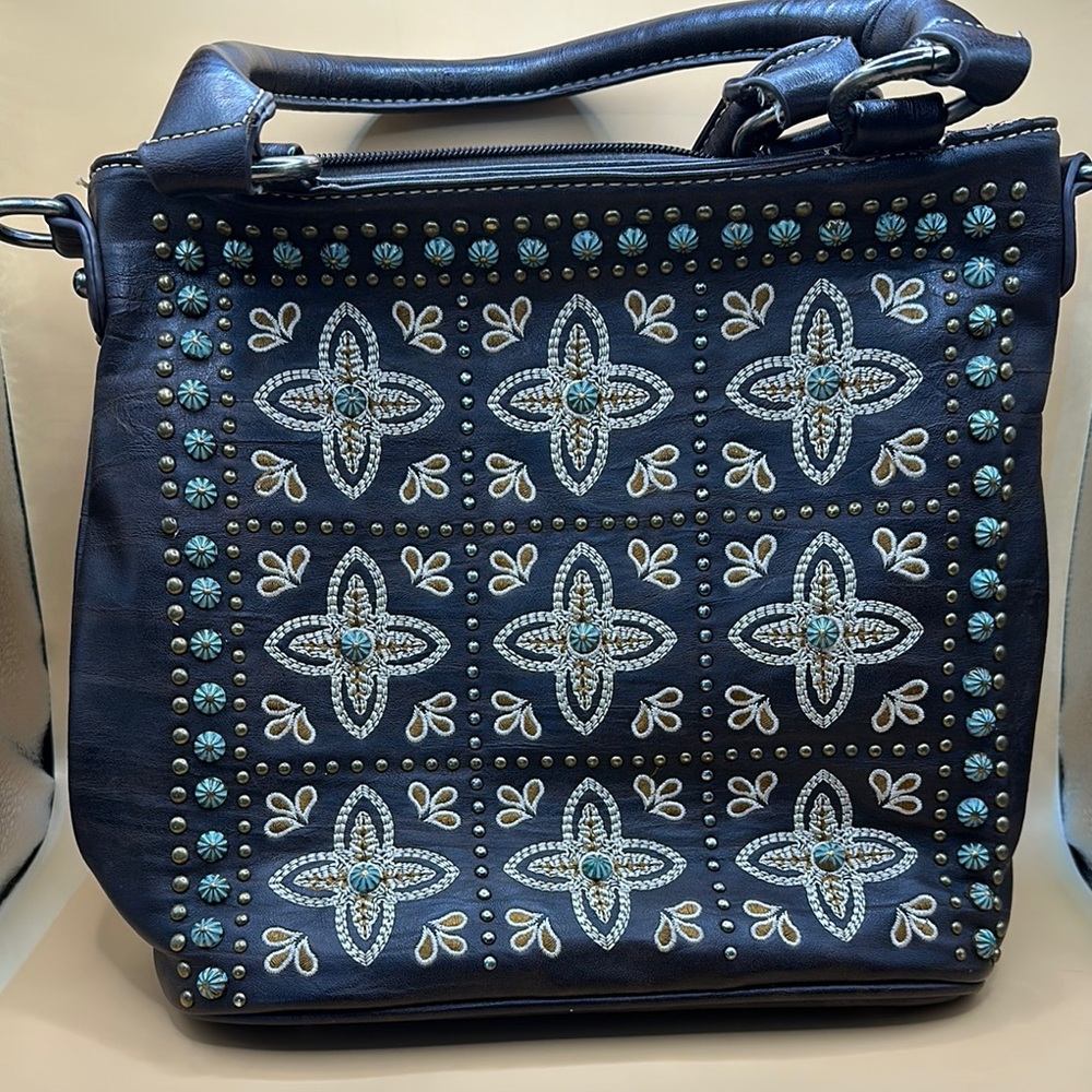 Dark Brown Shoulder Bag with Geometric Pattern and Metallic Studs